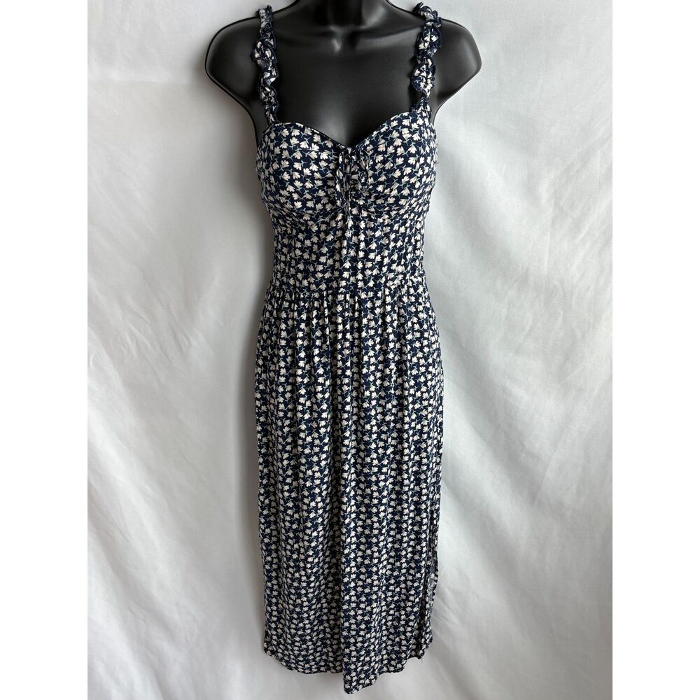 AUW Floral Blue Milkmaid Dress Midi Size M Padded Smocked Back Cottage Prairie